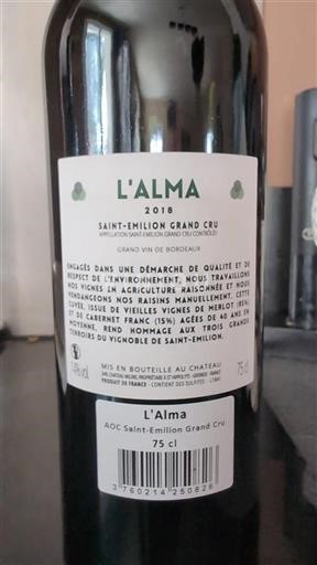 Bordeaux Saint-Émilion Grand Cru Grand Cru Château Milens L'Alma 2018