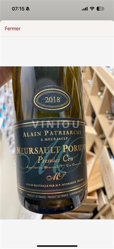 Vin Blanc Poruzot “1er Cru” Alain Patriarche 2018 France Bourgogne Meursault 1er Cru