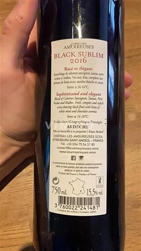 Vin Rouge sec Black Sublim Les Amoureuses 2016 France Alpes et pays Rhodaniens Ardèche