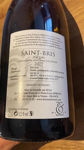 Burgundy Saint-Bris Domaine Jeanfrançois Et Pierrelouis Bersan Fÿe Gris 2017