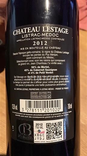 Bordeaux Listrac-Médoc Cru Bourgeois Château Lestage 2012
