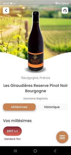 Vin Rouge sec Les Giraudières Reserve Pinot Noir Domaine Baptista 2017 France Bourgogne AOC