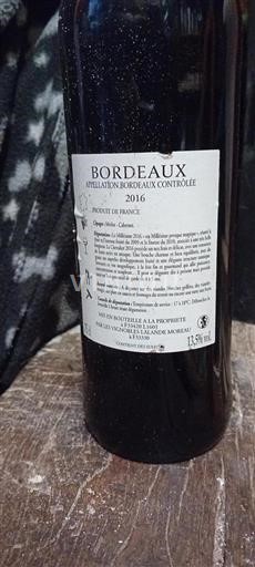 Vin Rouge sec Chevalier Sourdioux Lalande Moreau 2016 France Bordeaux AOC