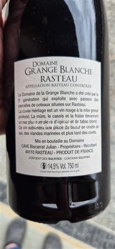 Vale do Ródano Rasteau Domaine Grange Blanche Héritage 2018