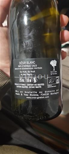 Vin Blanc sec Désir Blanc La Croix Gratiot 2023 France Languedoc