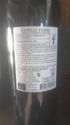Languedoque Corbières-Boutenac Grand Cru Château Fabre Gasparets Lieu Dit La Serre 2019