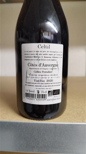Vin Rouge sec Celtil Gilles Persilier 2020 France Vallée de la Loire Côtes-d'auvergne AOC