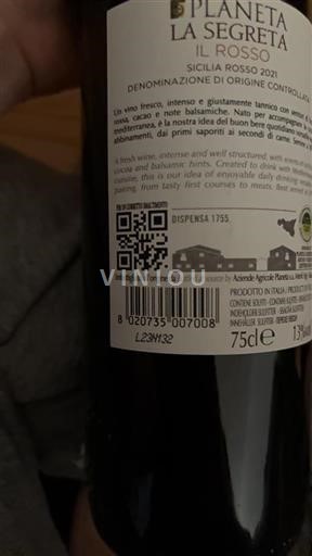Vin Rouge sec La Segreta Il Rosso Planeta 2021 Italie Sicile