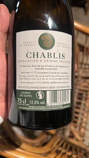 Vin Blanc sec Emile Durand 2023 France Bourgogne Chablis AOC