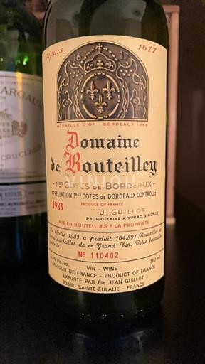Vin Rouge sec Château Bouteilley 1983 France Bordeaux Premières-côtes-de-bordeaux AOC
