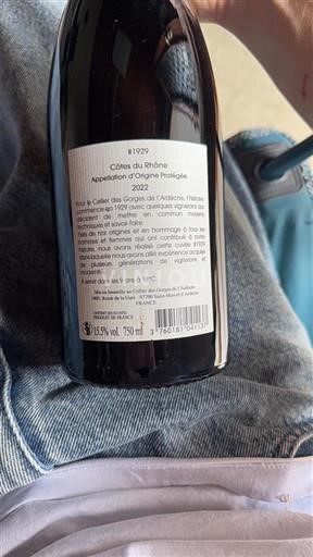 Vin Rouge sec #1929 Cellier des Gorges de l'Ardèche 2022 France Vallée du Rhône Côtes-du-rhône