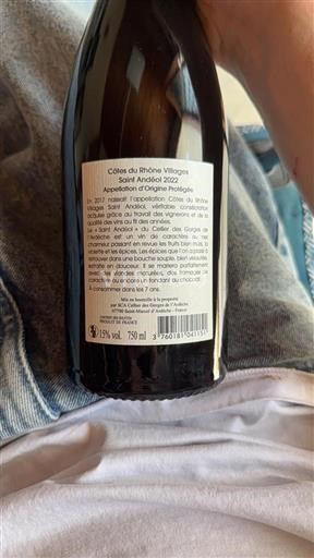 Vin Rouge sec Saint Andéol Cellier des Gorges de l'Ardèche 2022 France Vallée du Rhône Côtes-du-rhône-villages