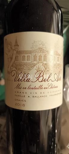 Vin Rouge sec Villa bel air 2018 France Bordeaux Graves AOC