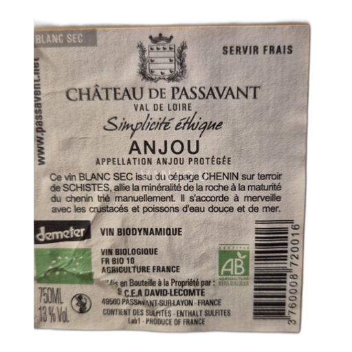 Vallée de la Loire Anjou Château Passavant Simplicité Éthique Non Millésimé