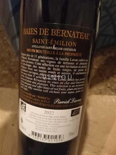 Vin Rouge sec Baies de Bernateau 2022 France Bordeaux Saint-Émilion