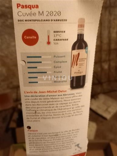 Vin Rouge sec M Pasqua 2020 Italie Abruzzes Montepulciano d'Abruzzo