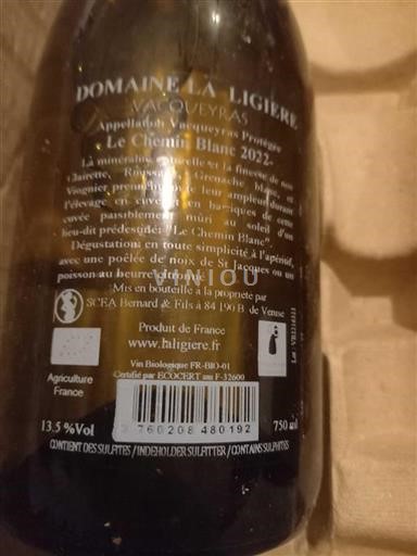 Vin Blanc sec Le Chemin Blanc La Ligière 2022 France Vallée du Rhône Vacqueyras