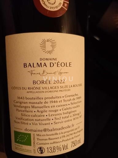 Rhônen laakso Côtes-du-rhône-villages Balma Eole Borée 2022