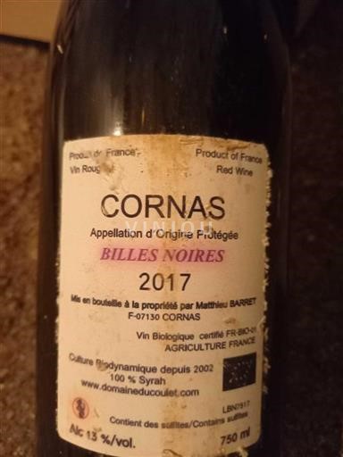Vin Rouge sec Billes Noires Domaine Coulet 2017 France Vallée du Rhône Cornas