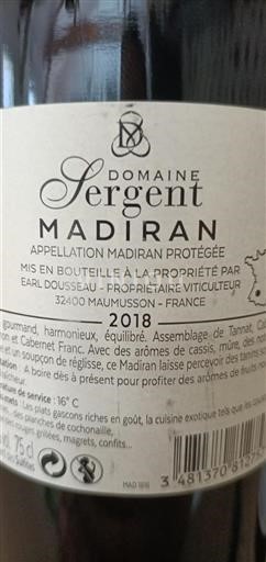 Sud-Ovest Madiran Domaine Sergent 2018
