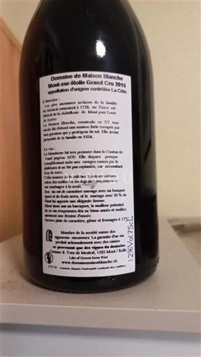 Vin Rouge sec Mont-sur-Rolle Grand Cru Maison Blanche 2016 Suisse Vaud La Côte AOC
