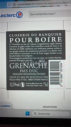 Languedoc a Roussillon Pays d'Oc Closerie Du Banquier Pourboire 2022