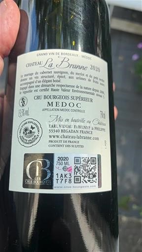 Bordeaux Médoc Cru Bourgeois Supérieur Château La Branne 2020
