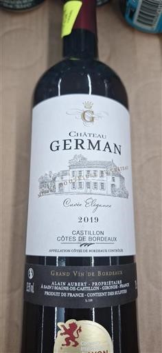 Vin Rouge sec Élégance Château German 2019 France Bordeaux Côtes-de-Bordeaux AOC