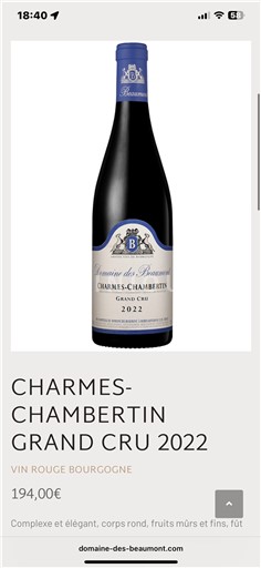 Bourgogne Charmes-chambertin Grand Cru Domaine Des Beaumont 2022