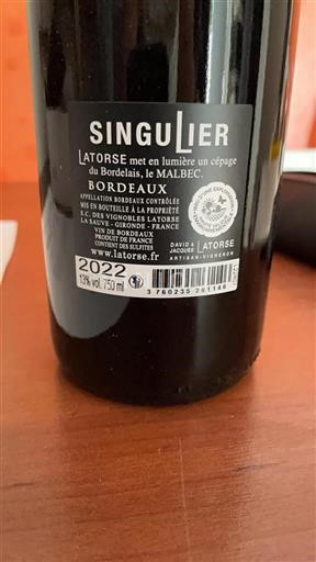 Vin Rouge sec Singulier Latorse 2022 France Bordeaux AOC