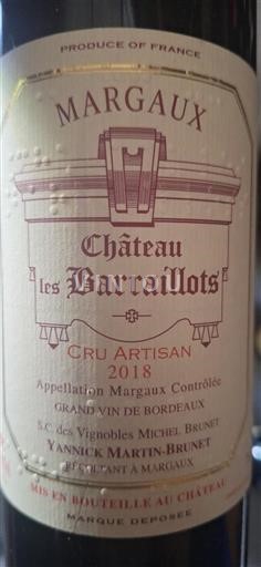 Bordeaux Margaux Cru Artisan Château Les Barraillots 2018