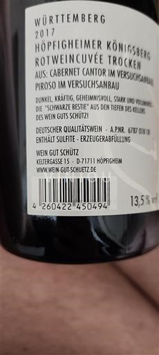 Württemberg Württembersko Wein Gut Schütz Höpfigheimer Königsberg Rotwein Trocken 2017