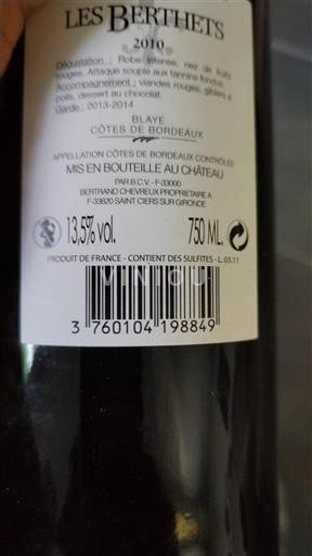Bordeaux Côtes-de-Bordeaux Les Berthets 2010