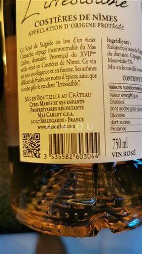 Vallée du Rhône Costières-de-nîmes Mas Carlot L'Irresistible Non Millésimé