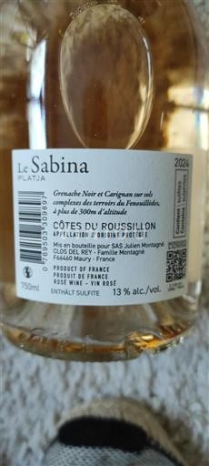 Vin Rosé sec Le Sabina Platja Clos del Rey 2024 France Roussillon Côtes-du-roussillon