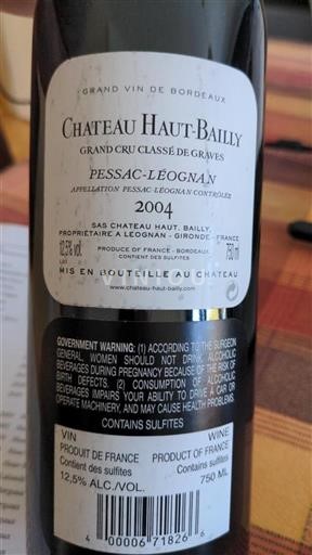 Bordeaux Pessac-Léognan Grand Cru Château Haut-Bailly Grand Cru Classé de Graves 2004