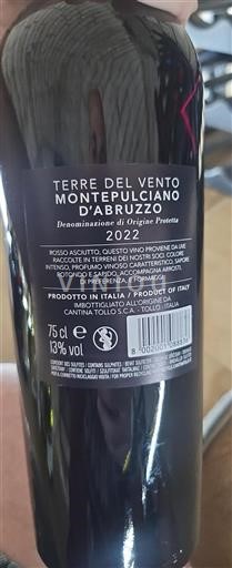 Vin Rouge sec Terre del Vento Cantina Tollo 2022 Italie Abruzzes Montepulciano d'Abruzzo