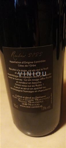 Vaud Côtes de l'Orbe AOC Cave de la Combe Marendaz Rubis 2022