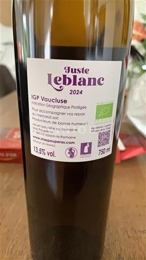 Vin Blanc sec Juste Leblanc Mas Poupéras 2024 France Provence, basse vallée du Rhône, Corse Vaucluse