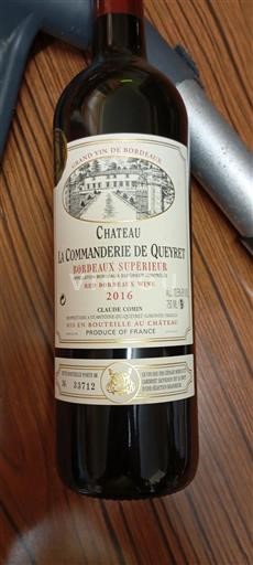 Vin Rouge sec Château La Commanderie de Queyret 2016 France Bordeaux Bordeaux supérieur AOC