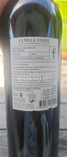 Vin Rouge sec Demi Muid Château Rieux 2019 France Languedoc Minervois AOC