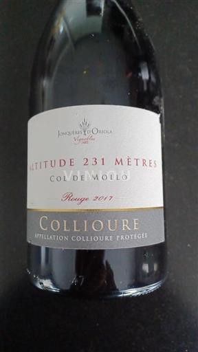 Vin Rouge sec Altitude 231 mètres Jonquères Oriola 2017 France Roussillon Collioure