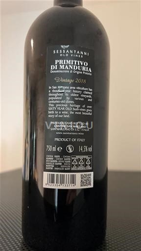 Vin Rouge sec Sessantanni Cantine San Marzano 2018 Italie Pouilles Primitivo di Manduria