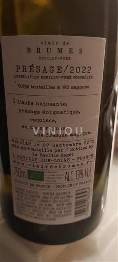 Valle del Loira Pouilly-fumé Clair de Brume Présage 2022