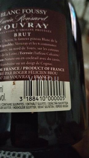 Vallée de la Loire Vouvray Blanc Foussy Ronsard Non Millésimé