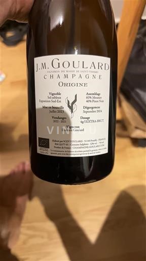 Vin Effervescent Rouge brut Origine J. M. Goulard 2023 France Champagne bio