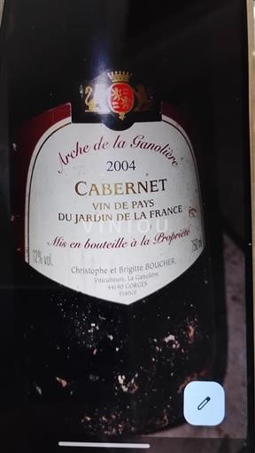 Vin Rouge sec Cabernet Arche de la Ganolière 2004 France Vallée de la Loire