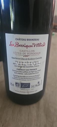 Bordeaux Castillon-côtes-de-bordeaux Château Brandeau Les Barriques d'Alice 2019