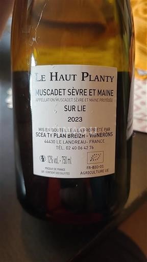 Valle della Loira Muscadet Sèvre et Maine Le Haut Planty Sur Lie 2023