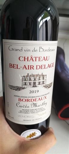 Vin Rouge sec Cuvée Marthy Château Bel-Air Delage 2019 France Bordeaux